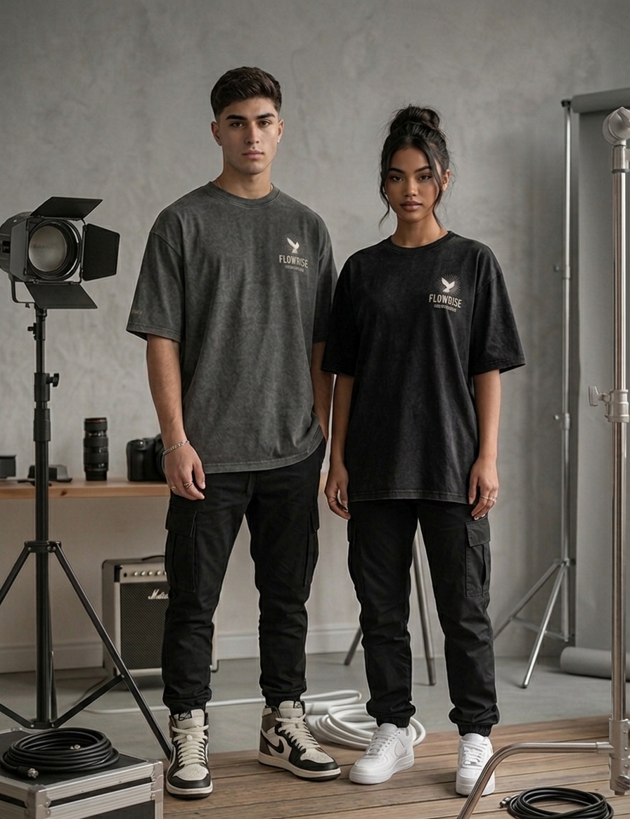 Dupla vestindo a Camiseta FlowRise com estampa frontal